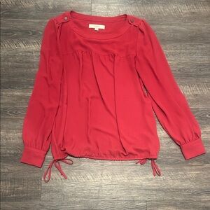 LOFT Red Long-Sleeve Drawstring Pleat Blouse